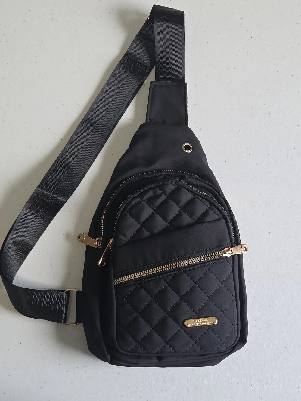 Black Quilted Chest Bag Crossbody Sling with Gold Hardware
